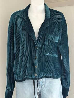 Free People Teal Velvet Ribbed Button-Up Top